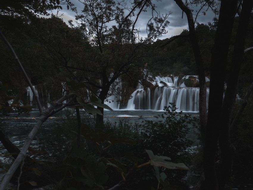 Waterfall River Trees Bushes Nature Background