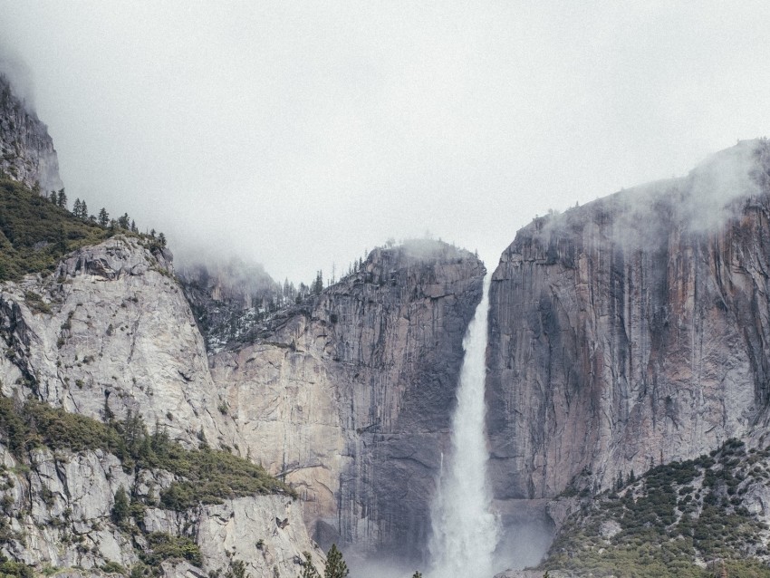 waterfall, rock, trees, stream, landscape, nature