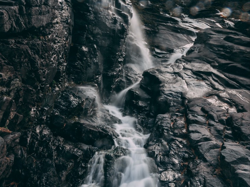 waterfall, stones, glare, bokeh, break