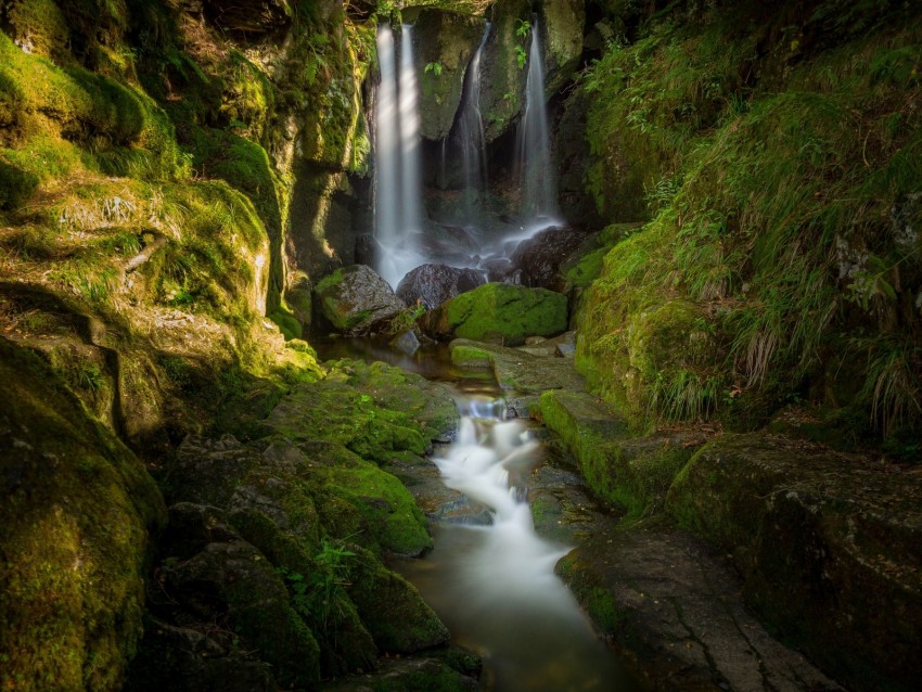 Waterfall Stones Moss Water Stream Background