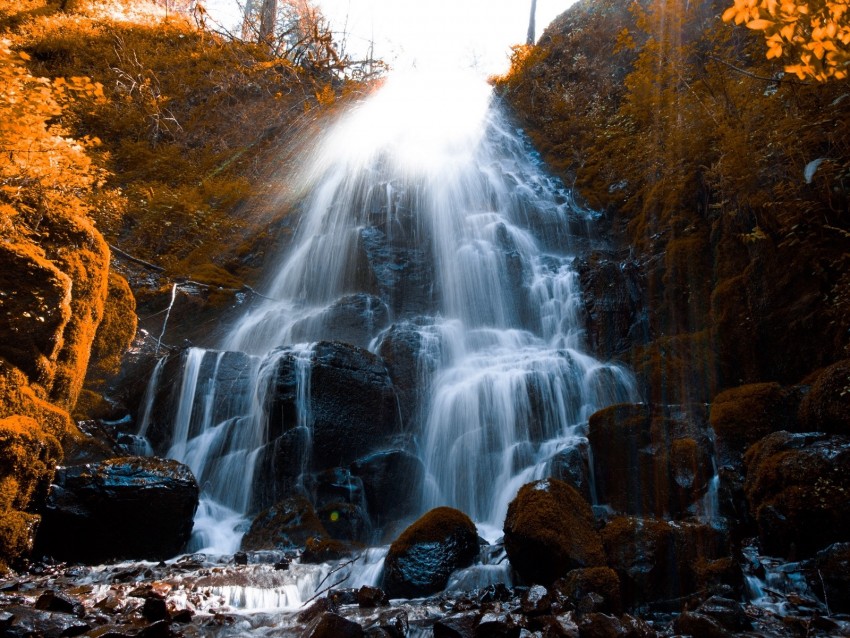 waterfall, stones, spray, wildlife, stream, moss