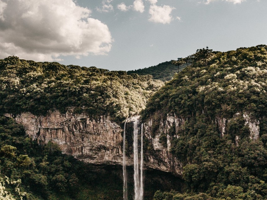 Waterfall Trees Cliff Sky Clouds Background