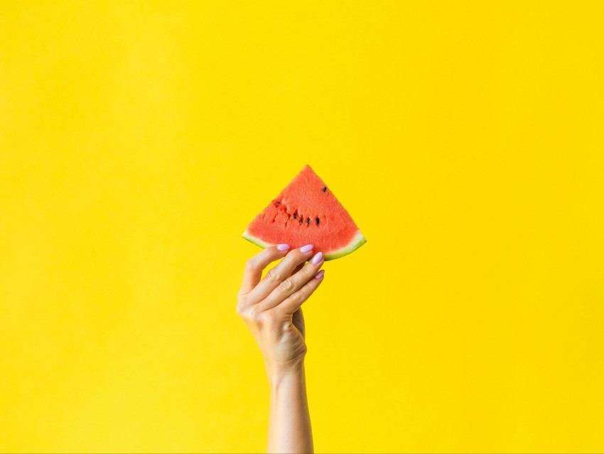 watermelon, hand, yellow, red, berry, fruit