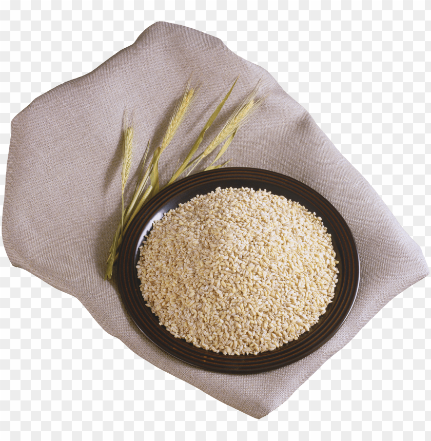 Plate of sesame seeds on a linen cloth with wheat stalks PNG