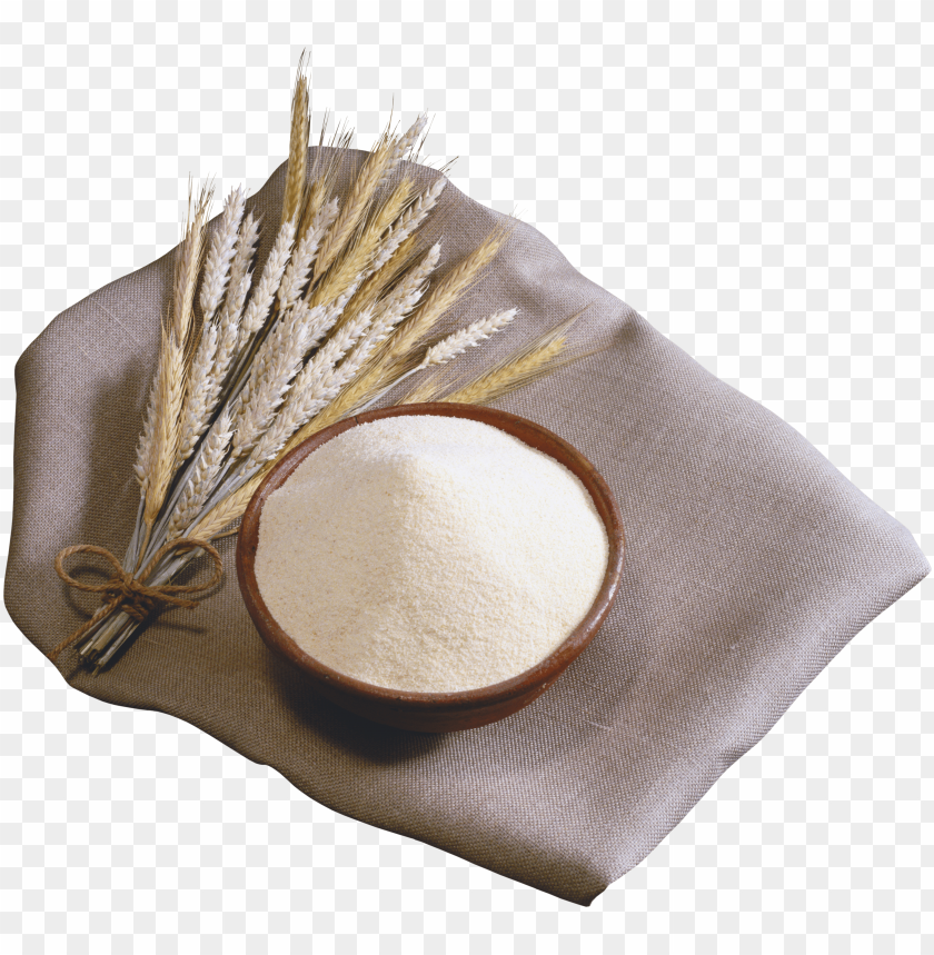 Bowl of flour surrounded by decorative wheat stalks on linen fabric PNG