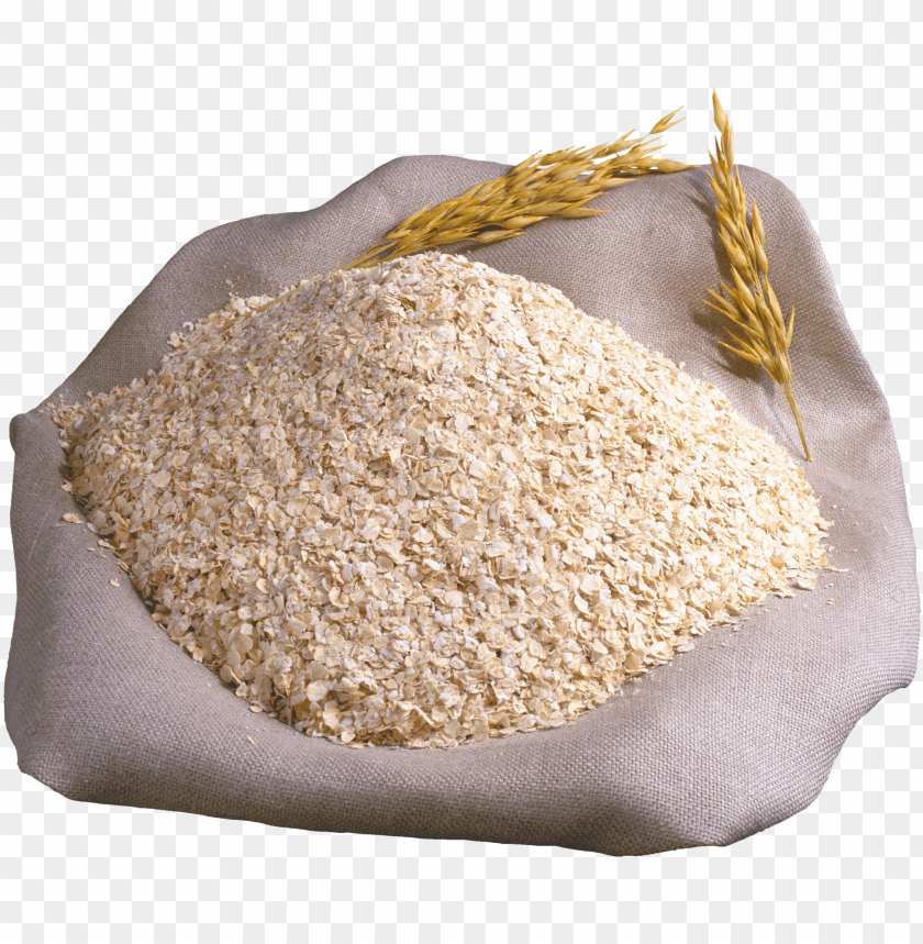 A mound of oats on a cloth with wheat stalks beside it PNG