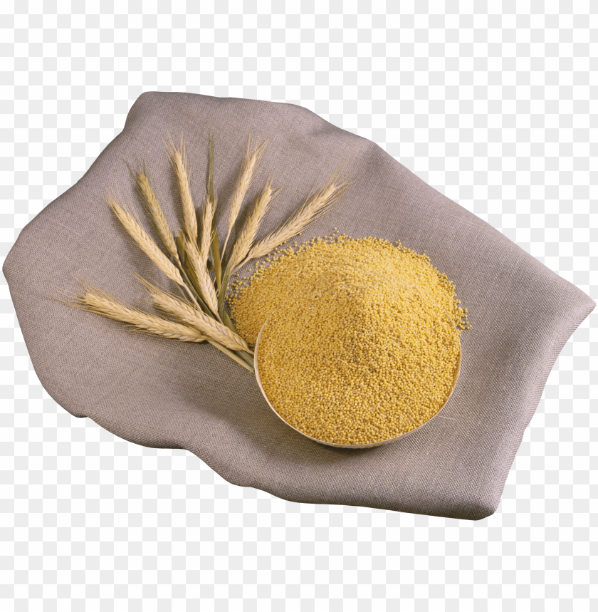 Bowl of yellow grain on a cloth with wheat stalks beside it PNG