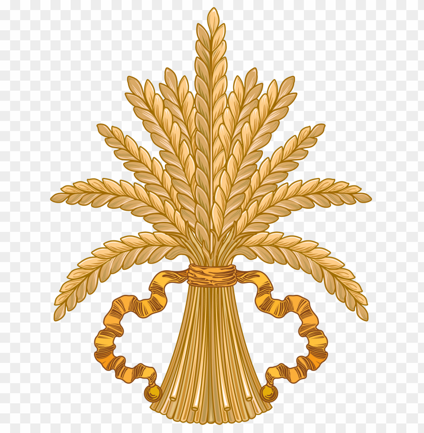 Stylized golden wheat sheaf in a decorative vase with ribbons PNG