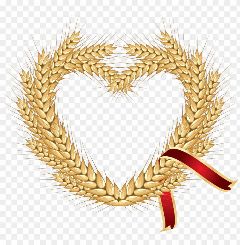 Golden wheat wreath in the shape of a heart with a red ribbo PNG