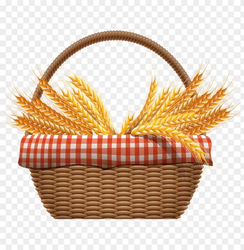 A wicker basket filled with golden wheat and a checkered cloth PNG