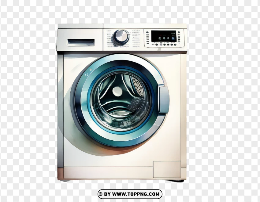 Modern white washing machine with blue door digital display PNG image with transparent background