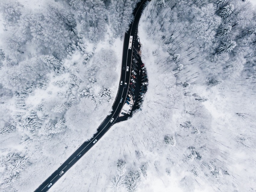 Winter Aerial View Forest Road Background