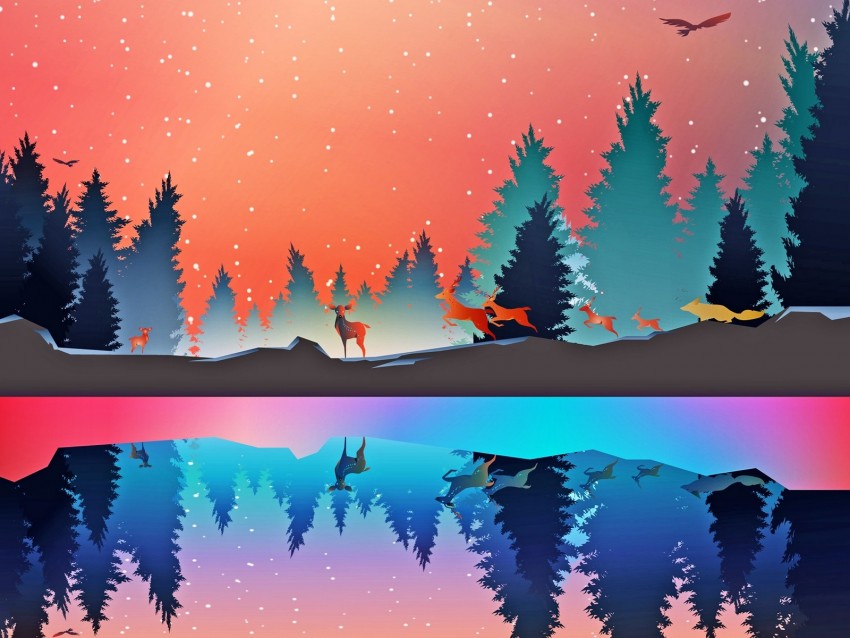 Winter Animals Art Vector Forest Reflection Background