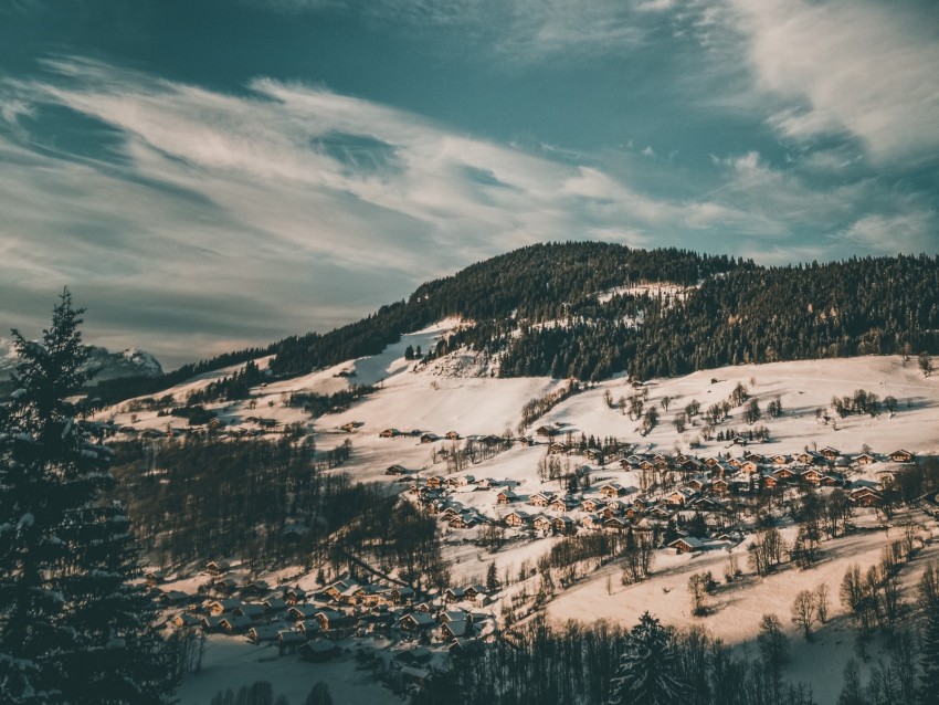 Winter Forest Village Snow Aerial View Clouds Background