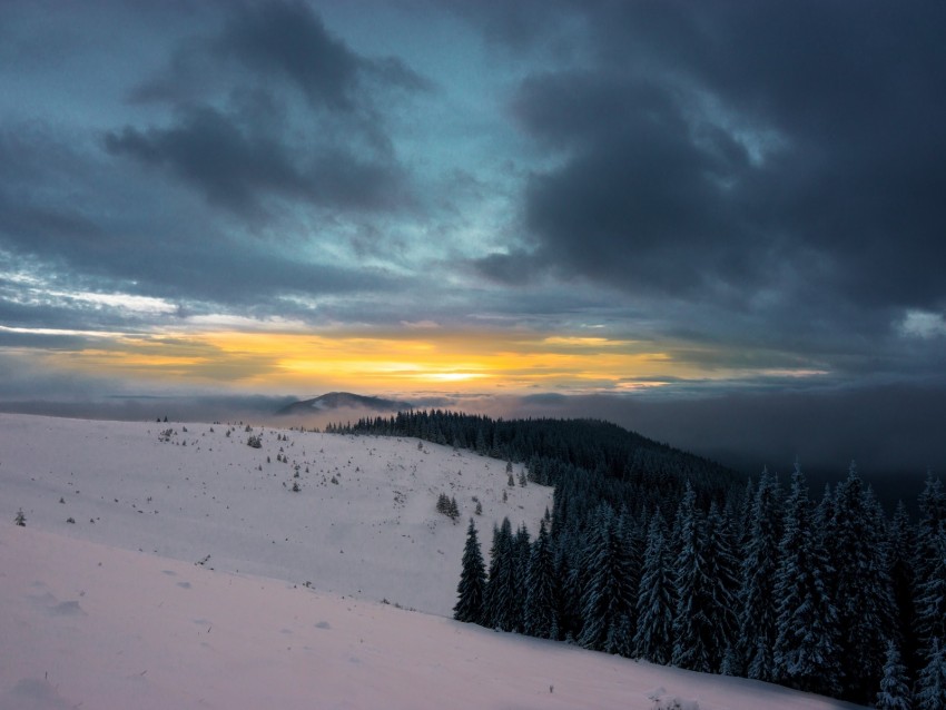 Winter Mountains Forest Snow Sunset Sky Clouds Snowy Background