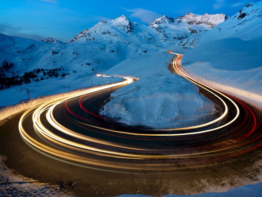 winter, road, long exposure, snow