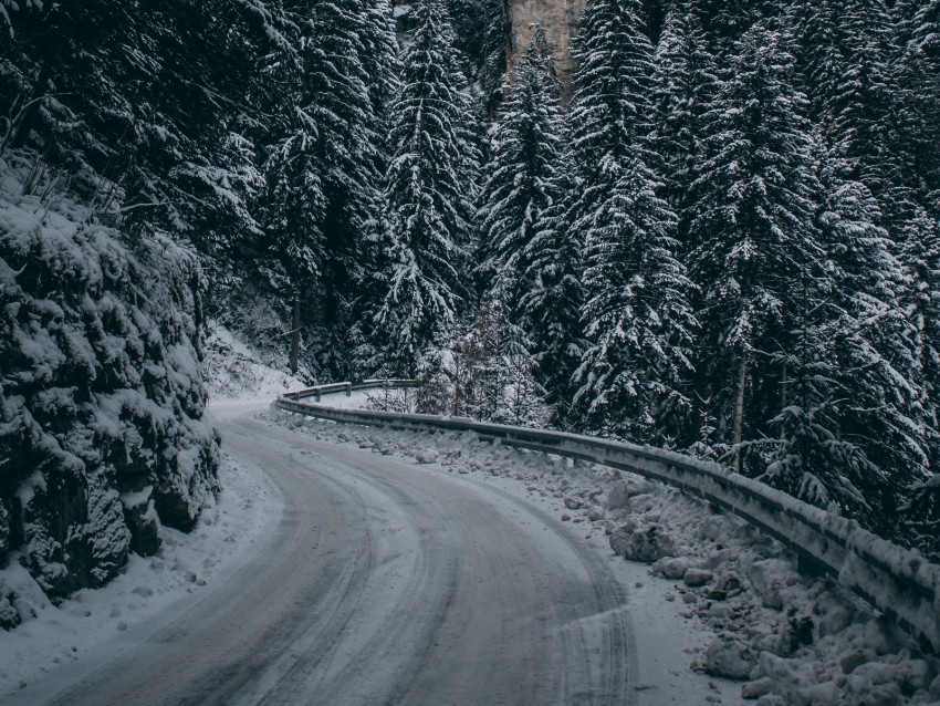 Winter Road Turn Snow Branches Mountain Background