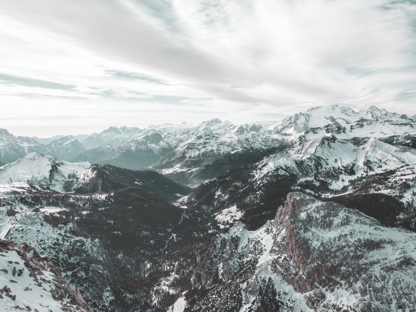 winter, snow, mountains, aerial view, dolomites, italy, sky