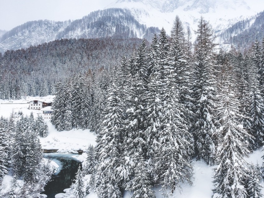 winter, snow, mountains, aerial view, italy