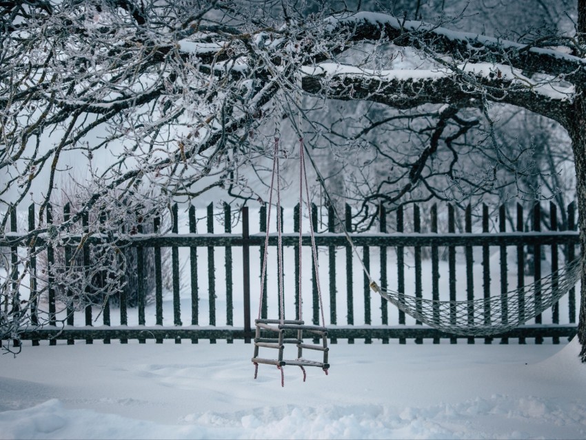 winter, swing, snow, tree, branches