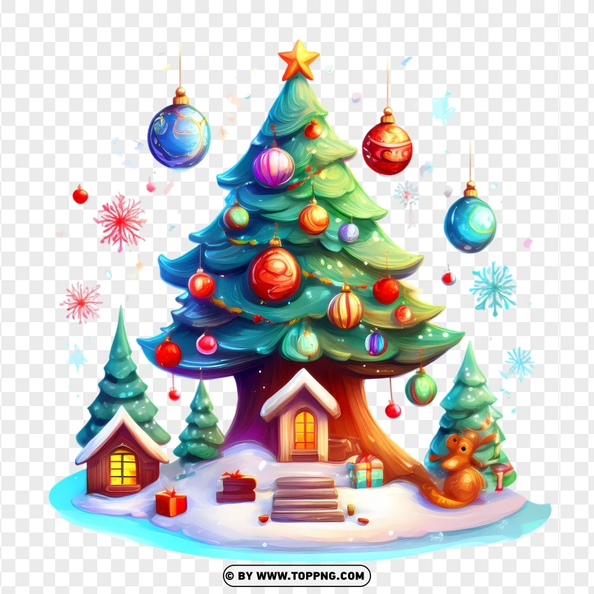 Winter-themed Cartoon Christmas Tree With Baubles And Decorations PNG Transparent Background