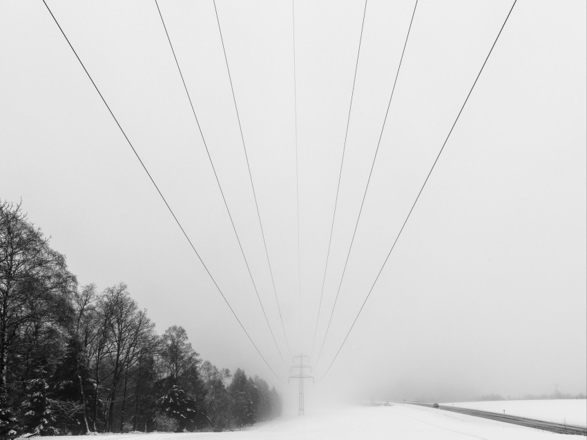 wires, pole, electricity, snow, winter, trees