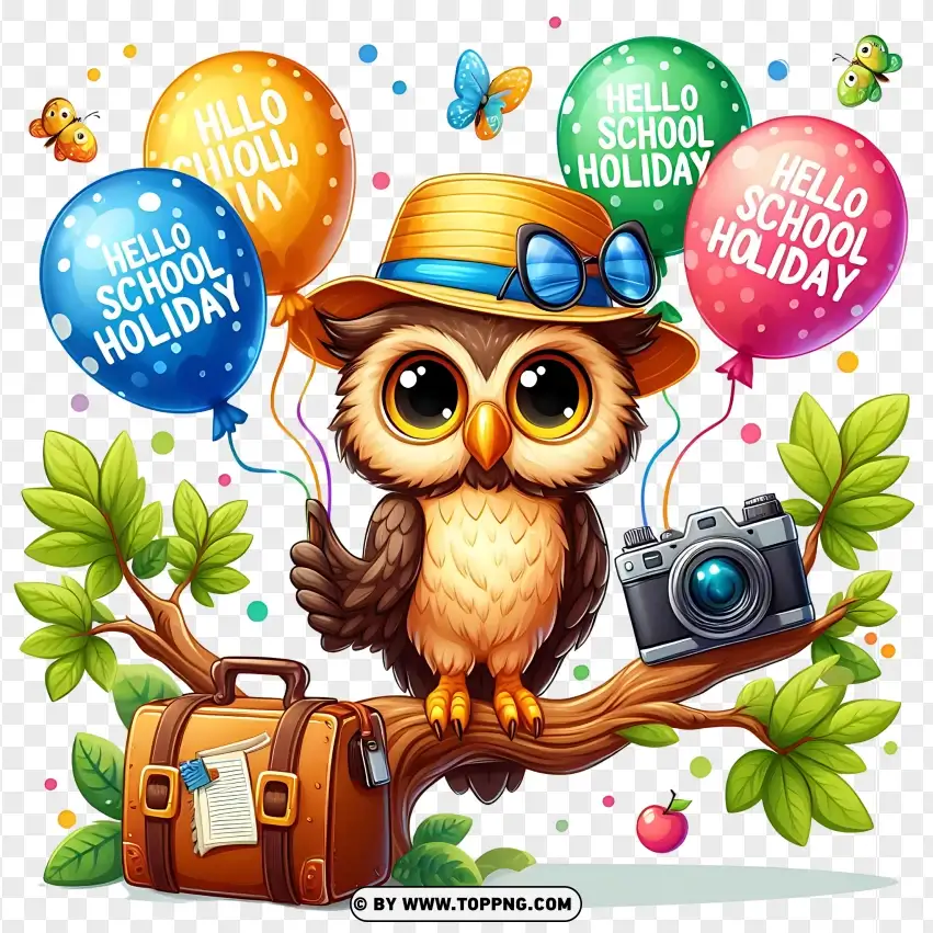 Wise Owl With Travel Bag And Camera Hello School Holiday Clipart PNG Transparent Background