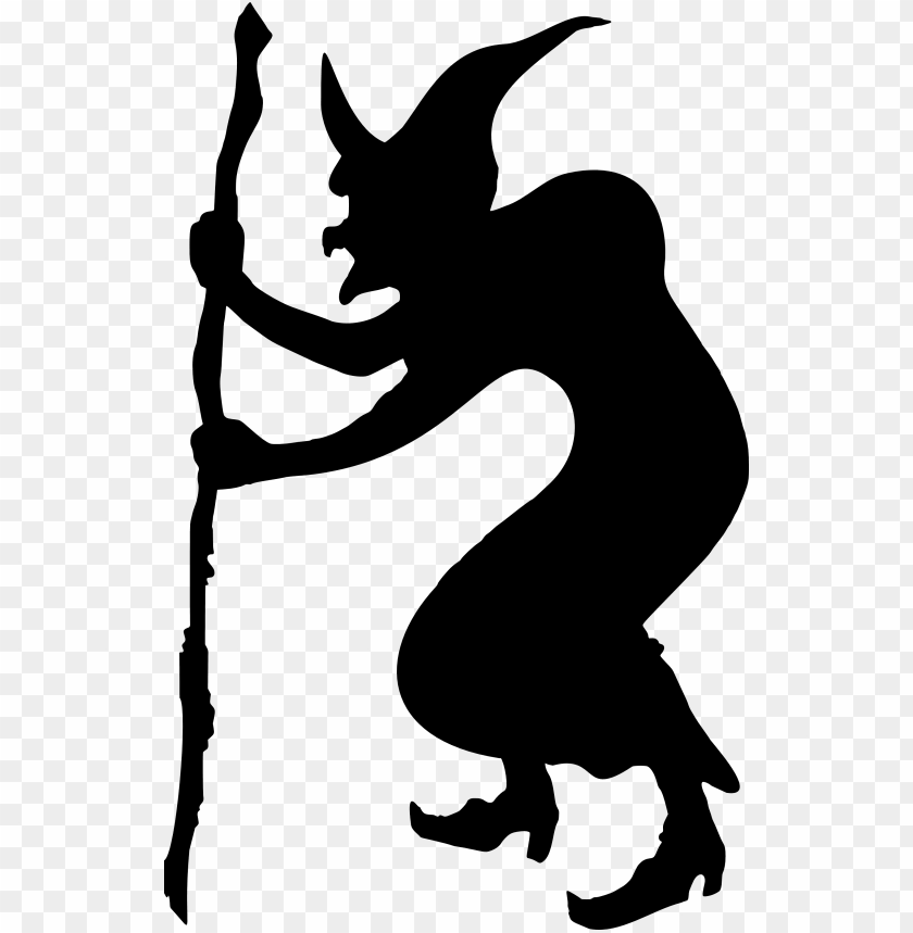 Silhouette of a witch holding a stick, transparent background.