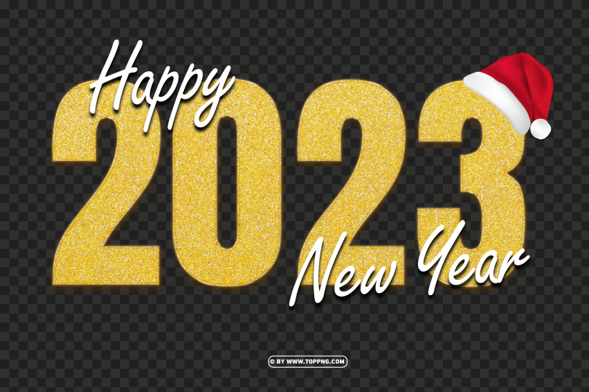 with santa hat 2023 happy new year yellow golden glitter png,New year 2023 png,Happy new year 2023 png free download,2023 png,Happy 2023,New Year 2023,2023 png image