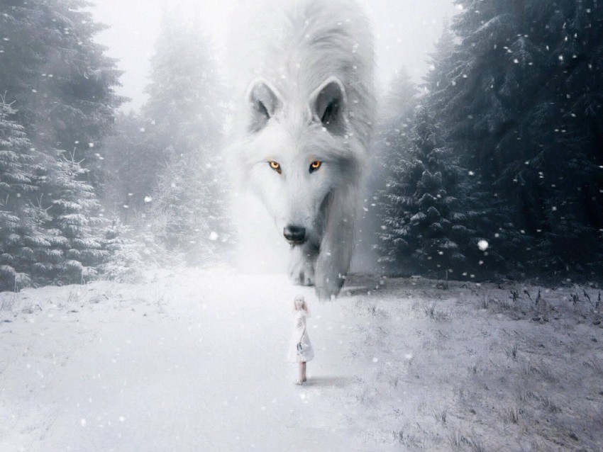 wolf, child, photoshop, white, snow, fog