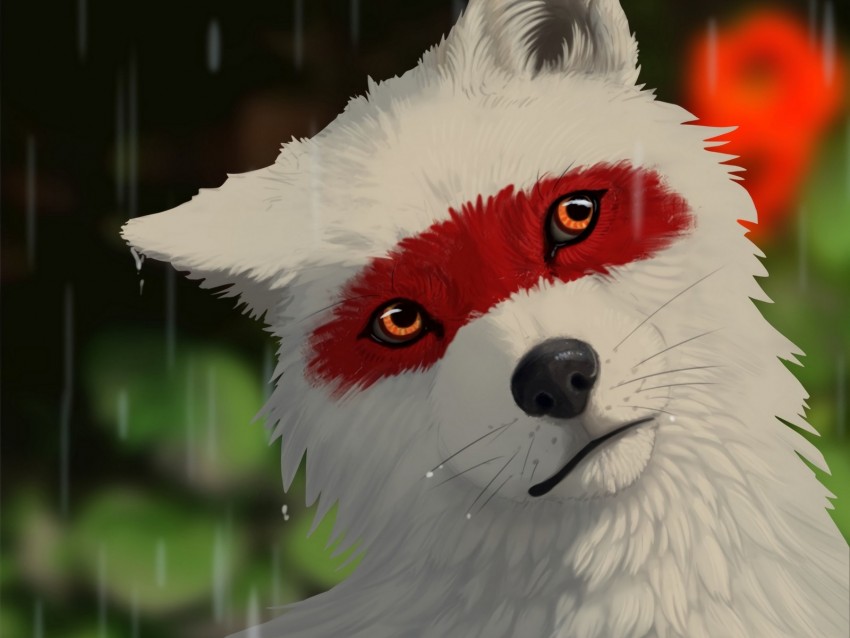 wolf, white, rain, drops, art