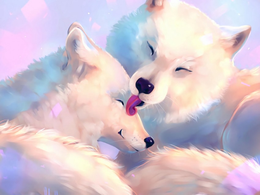 wolves, tenderness, care, art, white, tongue