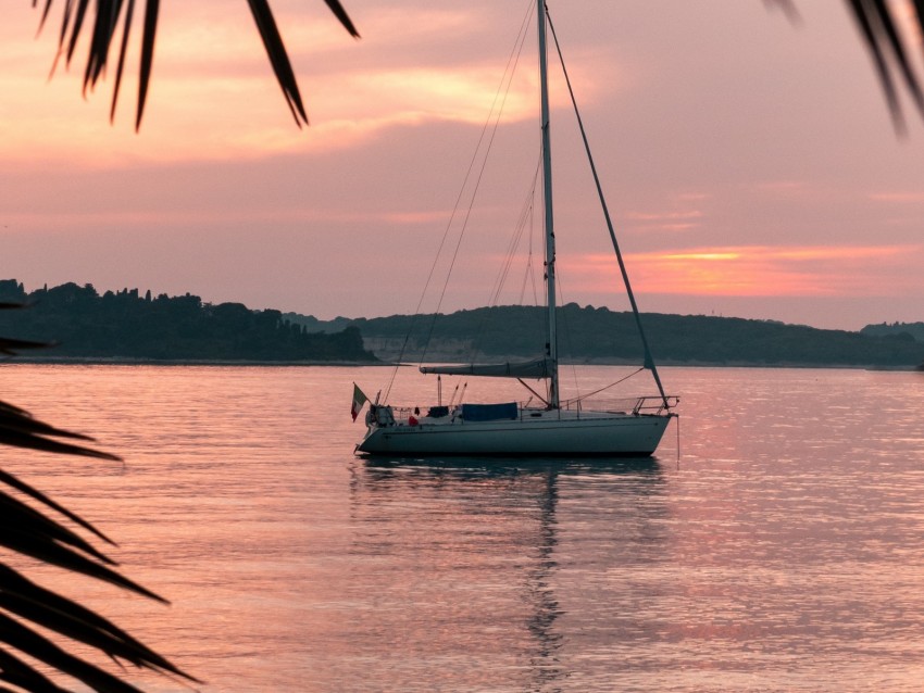 Yacht Water Sunset Sea Bay Shore Background