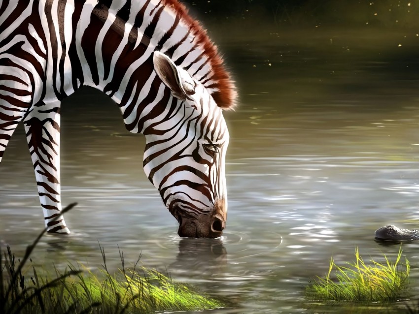 zebra, lake, art, animal, wildlife